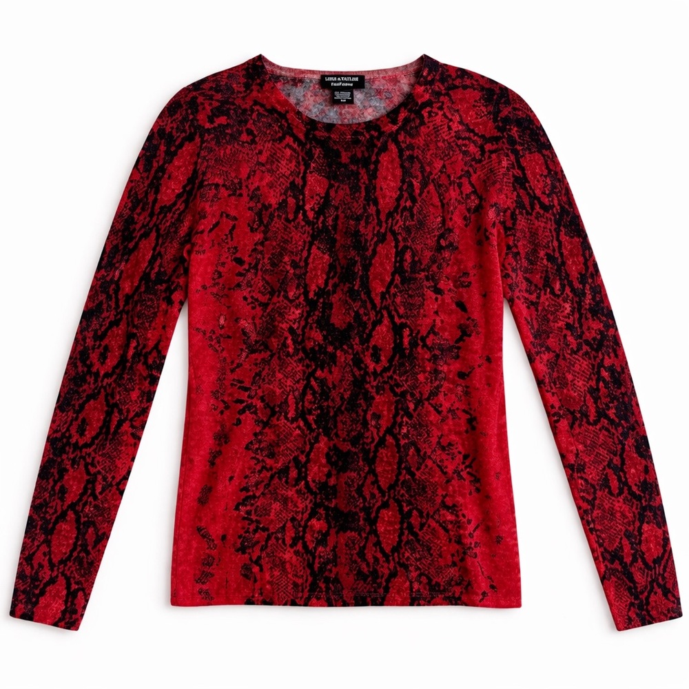 Lord & Taylor Cashmere Sweater Lightweight Classic Work Red Black Snake Print M